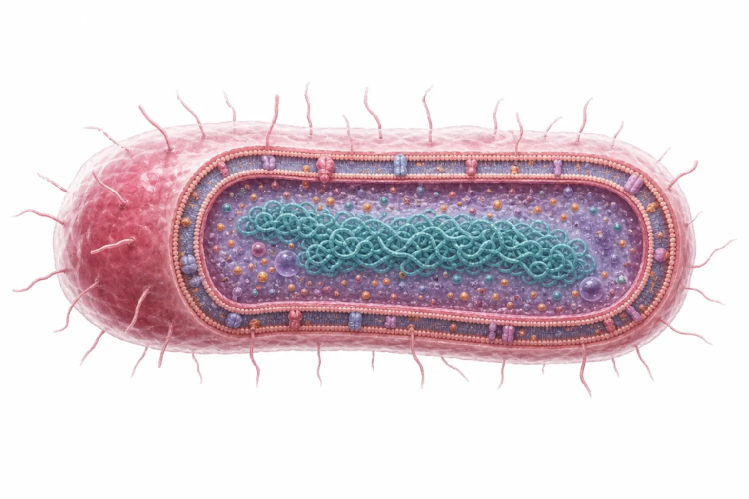 Bacteroides fragilis som gramnegativ anaerob stav med polysackarid-kapsel (PSA), LPS, yttre membranvesiklar, fimbrier och fragilysin (BFT-toxin) markerade.