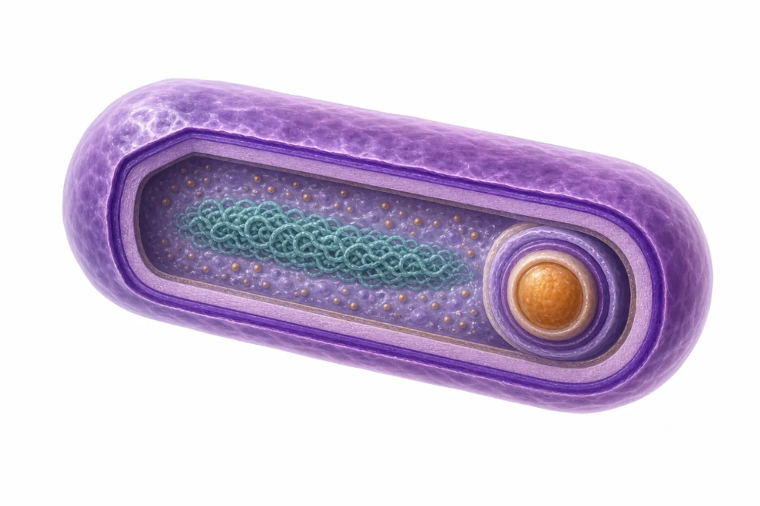 Clostridium perfringens som grampositiv stav med alfa-toxin (PLC), perfringolysin, endospor, kapsel och enterotoxin markerade.
