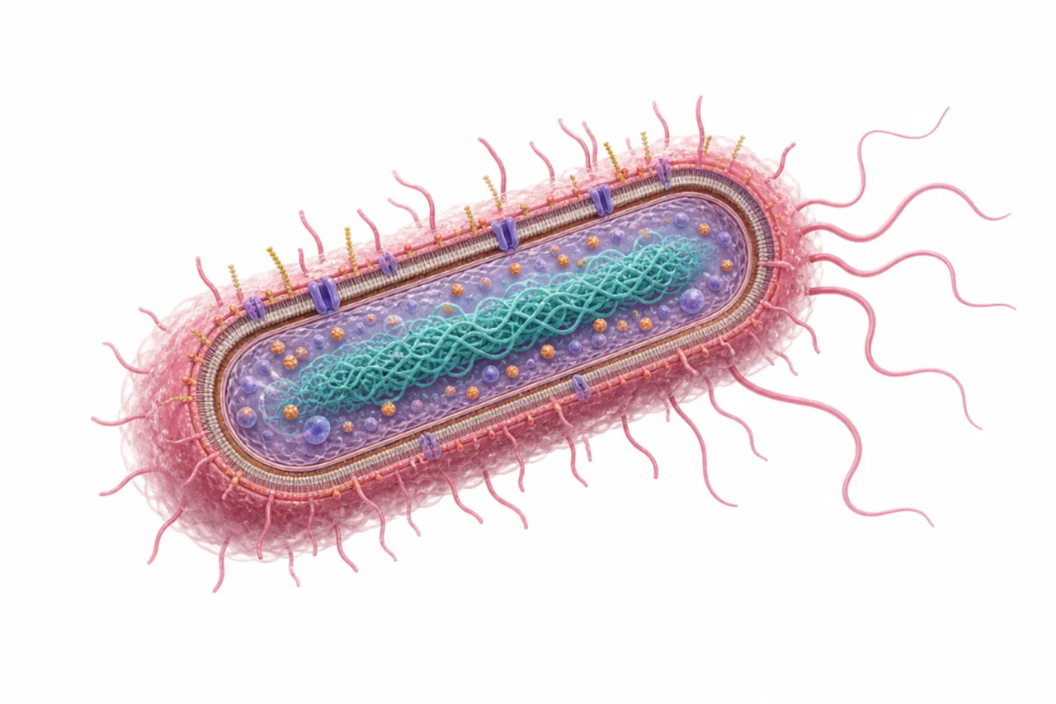 Escherichia coli som gramnegativ stav med markerade virulensfaktorer: P-fimbrier, typ 1-fimbrier, LPS, flagell, K-antigen-kapsel och hemolysin.