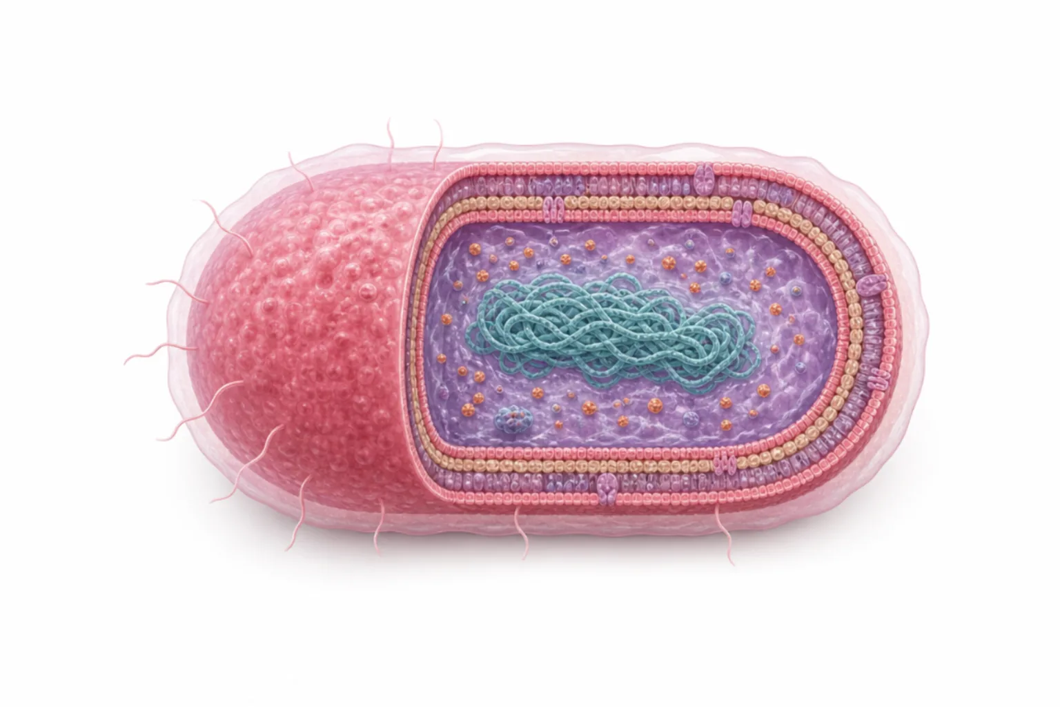Francisella tularensis som gramnegativ coccobacill med polysackarid-kapsel, LPS, yttre membran, IglC-effektor och typ VI-sekretionssystem markerade.