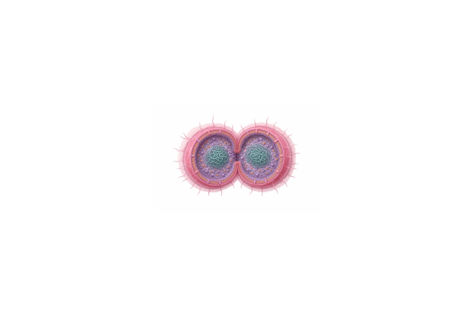 Neisseria meningitidis som gramnegativ diplokock med polysackarid-kapsel, LOS, pili, fHbp och IgA1-proteas markerade.