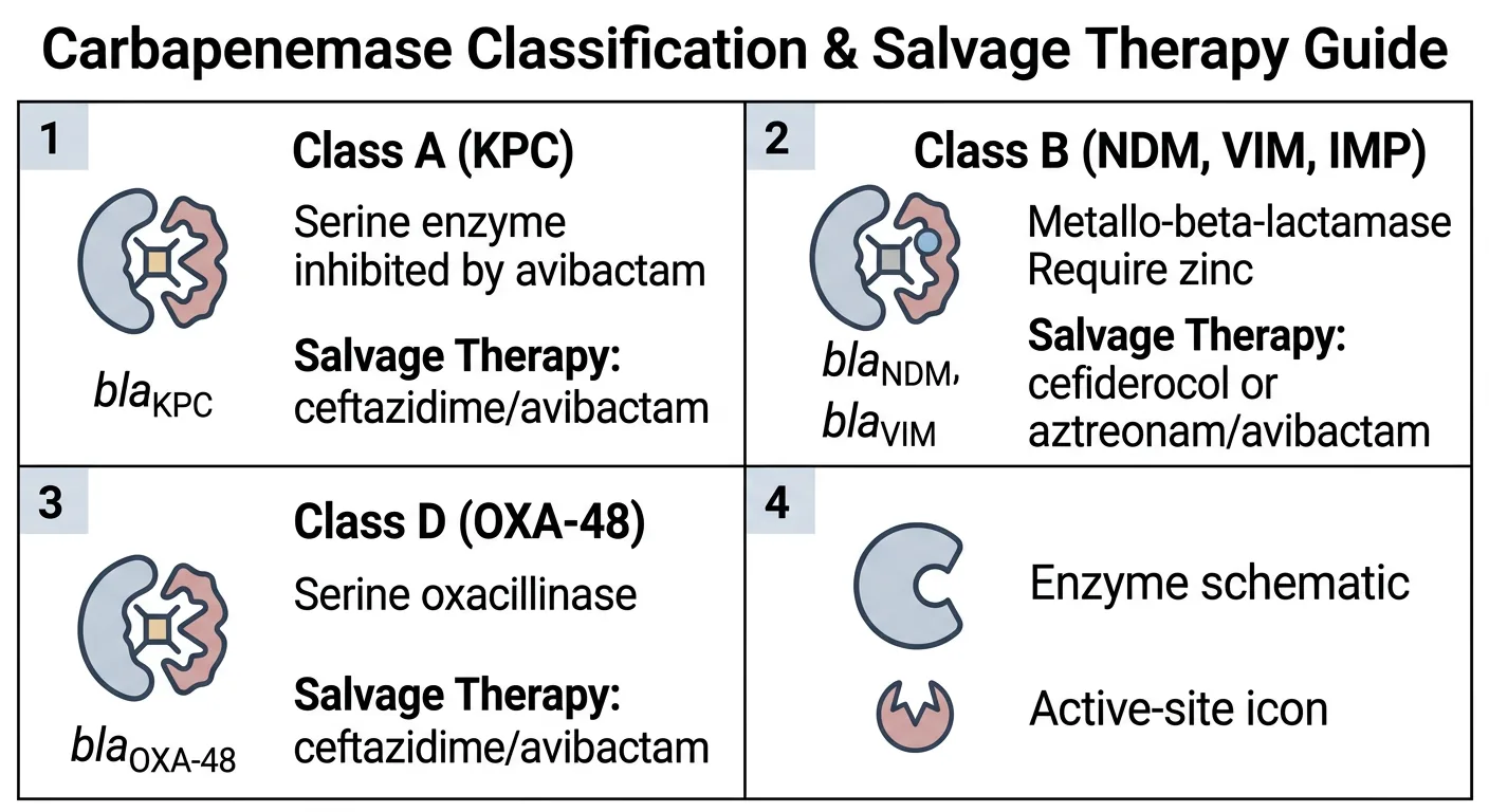 Jämförelseöversikt över karbapenemas-klasser: Klass A (KPC) — serinenzym, hämmas av avibaktam. Klass B (NDM/VIM/IMP) — metalloenzym, kräver cefiderokol. Klass D (OXA-48) — serinoxakillinas. Varje cell visar enzymschema och rekommenderat reservantibiotikum.