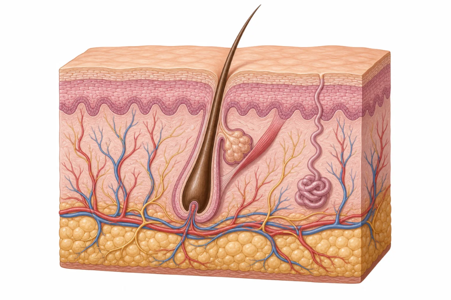 Hudsnitt med epidermis, dermis och hårfollikel – hud- och mjukdelsinfektioner.
